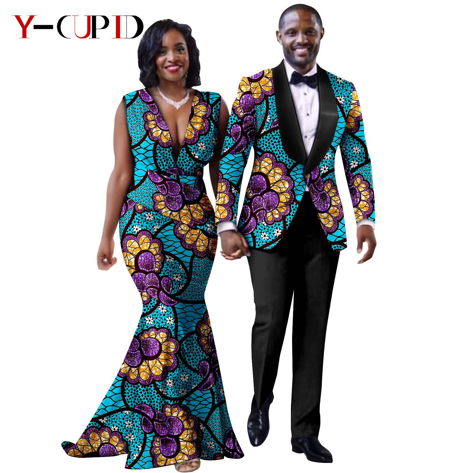 African Print Long Mermaid Dresses for Women Matching Couple Clothes Men Suits Top and Pant Sets Dashiki Party Wedding 25C005