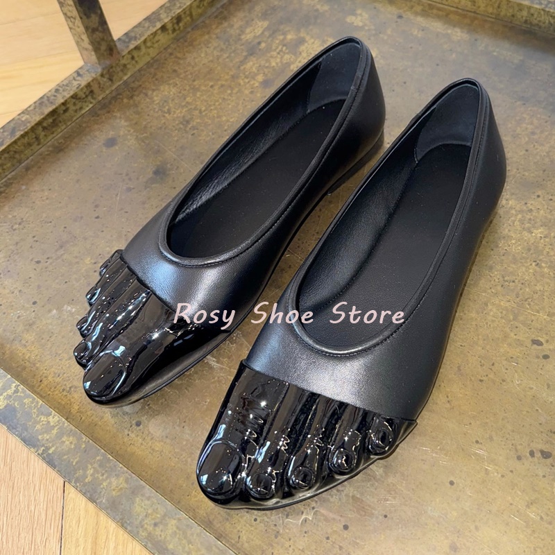 Peculiar Five Toe Design Black Apricot Leather Shallow Mouth Women's Casual Shoes Spring Autumn Flat Slip On Street Style Shoes