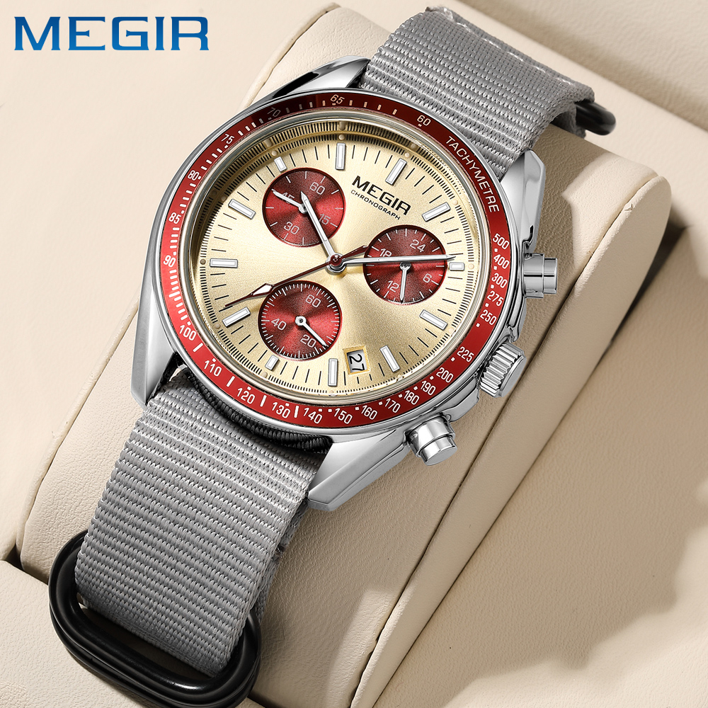 MEGIR New Luxury Men's Watches Canvas Weaving Strap Sport Automatic Chronograph Quartz Waterproof Wristwatch for Male 2247