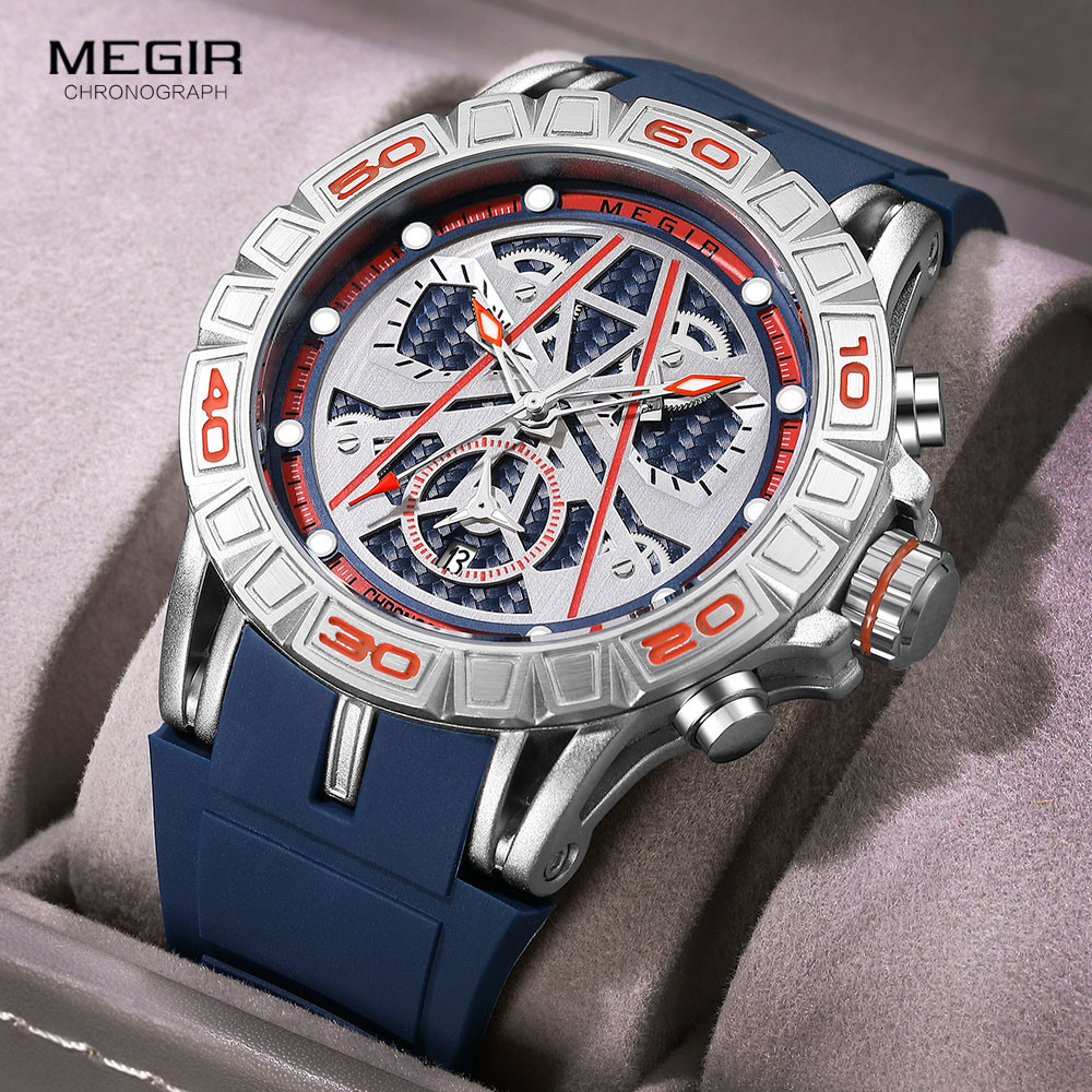 MEGIR Navy Blue Military Sport Watch Men Luxury Chronograph Waterproof Quartz Wristwatch with Luminous Hands Date Silicone Strap