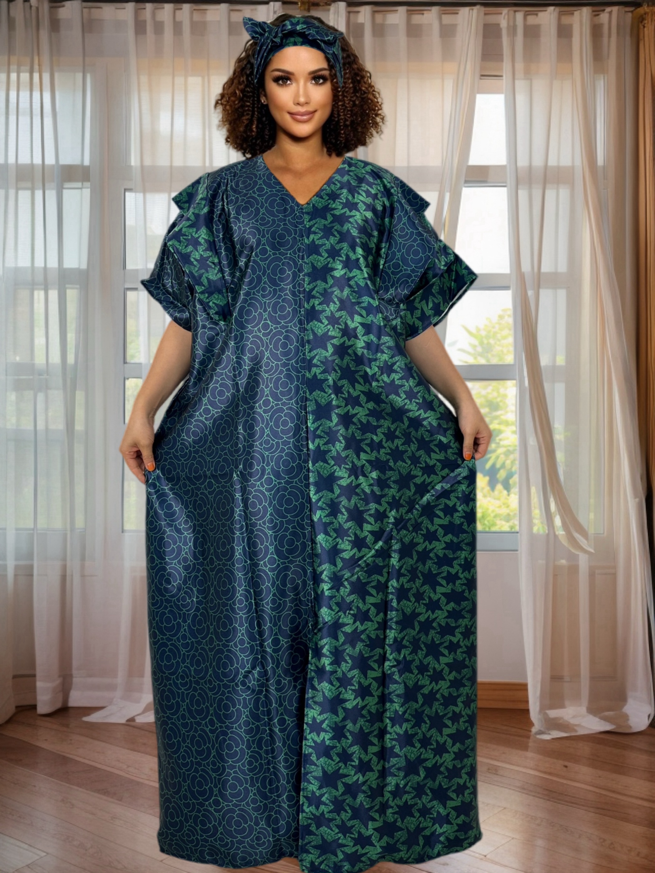 Elegant Print Round Neck Kaftan African Cultural Short Sleeve Comfortable Fit Dashiki Dress