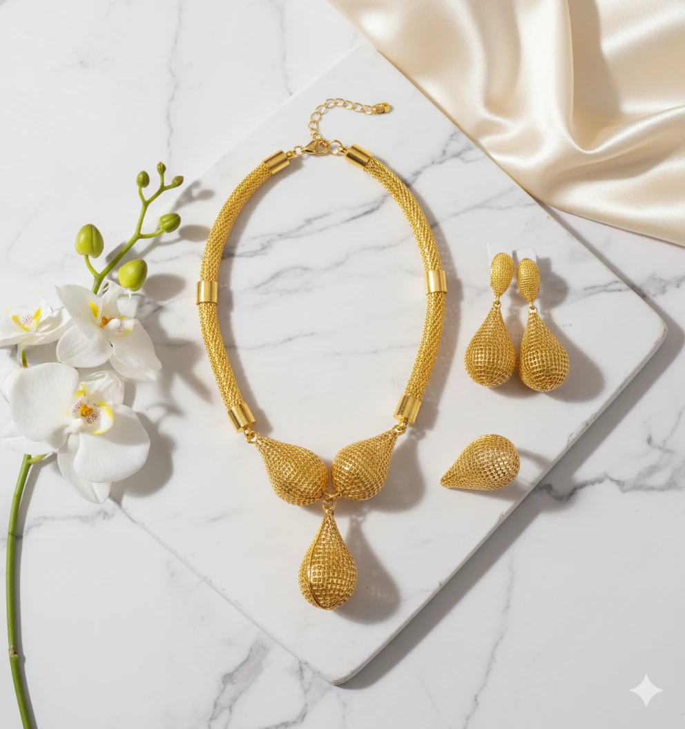 Golden Mesh Teardrop Jewelry Set - Necklace, Earrings & Ring