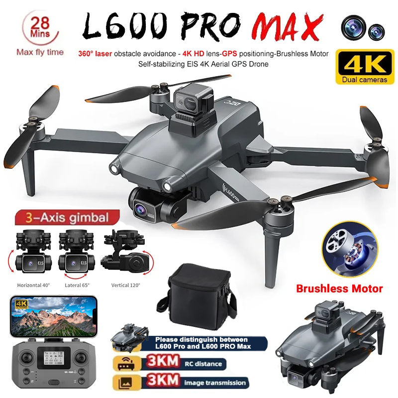 L600 PRO MAX Drone 4K Professional 3-Axis Gimbal HD Dual Camera 360° Obstacle Avoidance Brushless GPS Quadcopter FPV RC Dron Toy