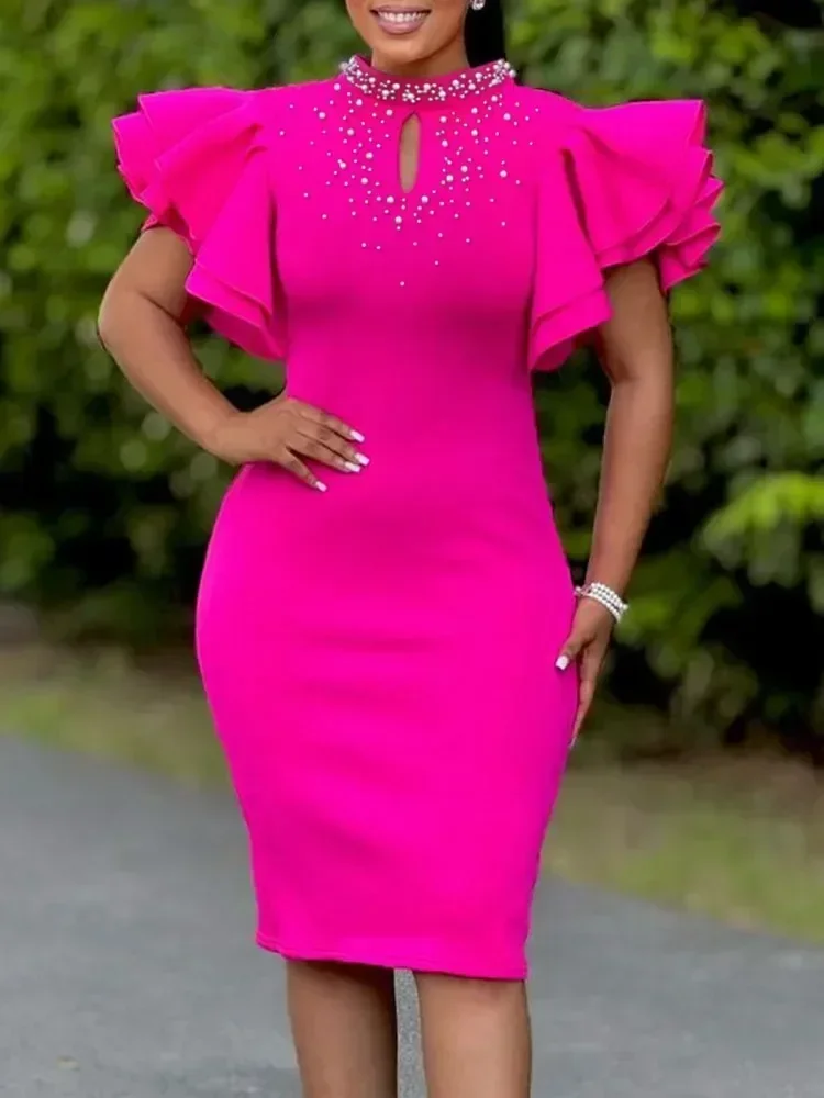 Elegant Women Party Evening Dresses Ruffle Sleeve Bodycon Midi Robe Office Ladies Overalls African Dashiki Ankara Clothing 2025