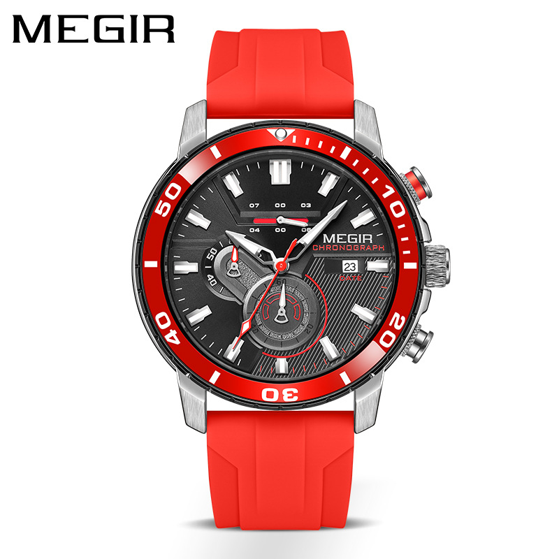 MEGIR 2224 Men Quartz Watch Sport Fashion Creative Cool Orange Silicone Strap Chronograph Luminous Date Wristwatch for Male