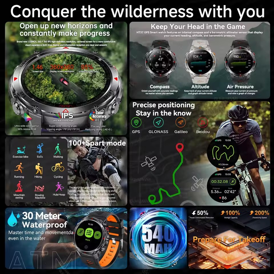 2025 New Military Bluetooth Call Smart Watch Built-in GPS Compass Barometric Altimeter 10ATM Waterproof Sports Smartwatches Men