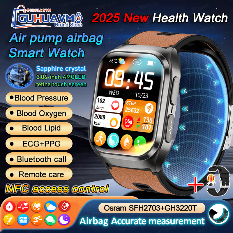 2025 New Air Pump Blood Pressure Accurate Measure Smart Watches Men Micro Physical Examination Fitness Sports Airbag SmartWatch