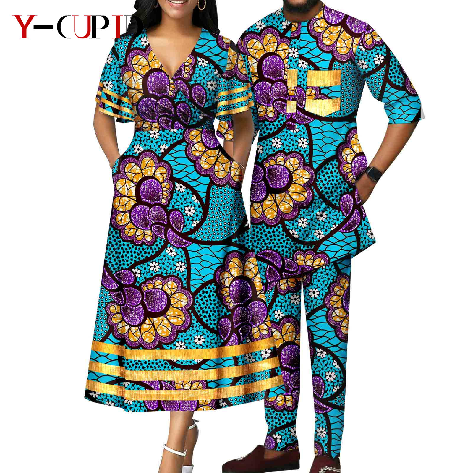 African Print V-neck Dresses for Women Couple Matching Men Outfits Top and Pant Sets Dashiki Bazin Riche Lover Outwear Y23C086