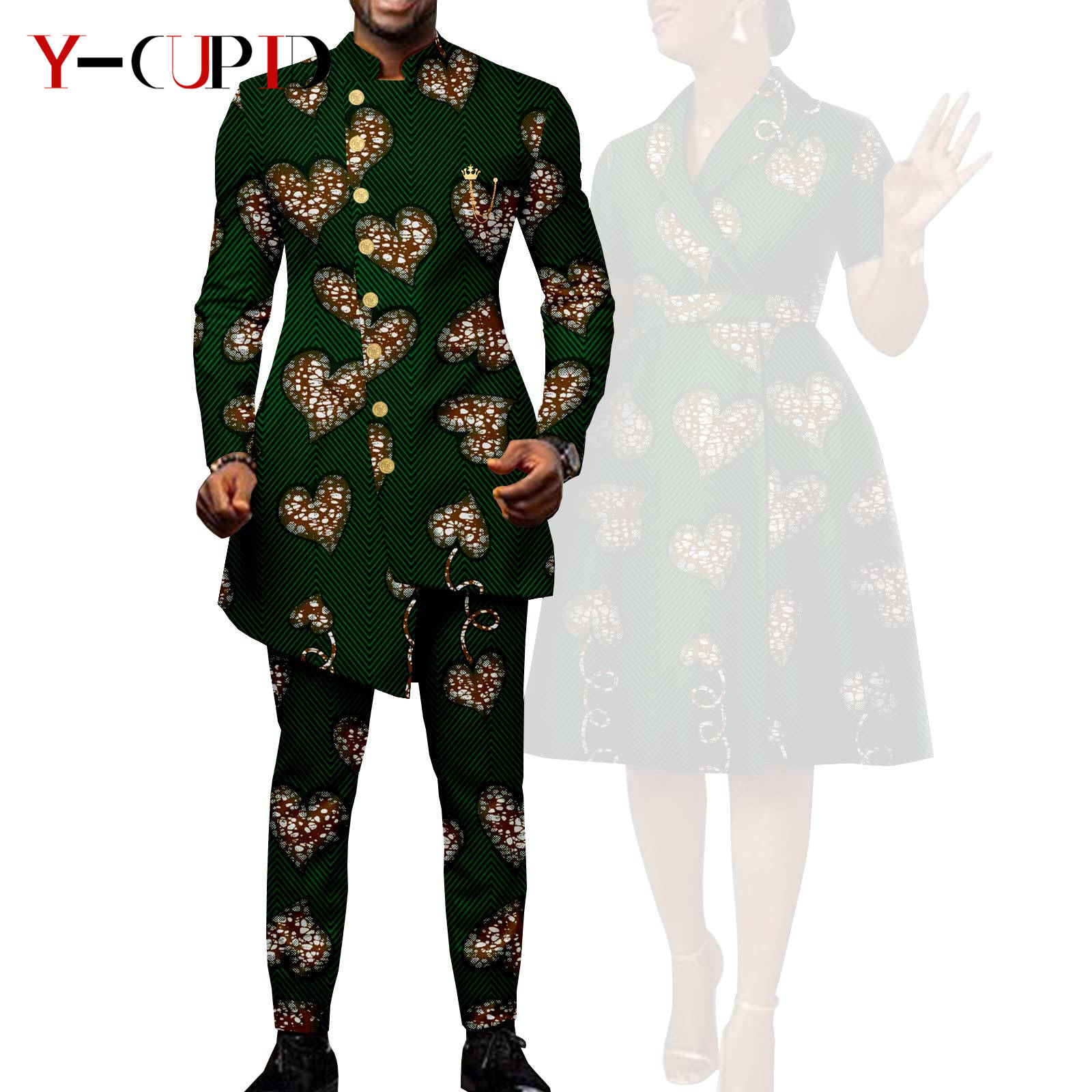 African Suits for Men Single Breasted Fit Jackets Matching Couple Outfits Bazin Riche Dashiki Print Dresses Trench Coats Y23C007