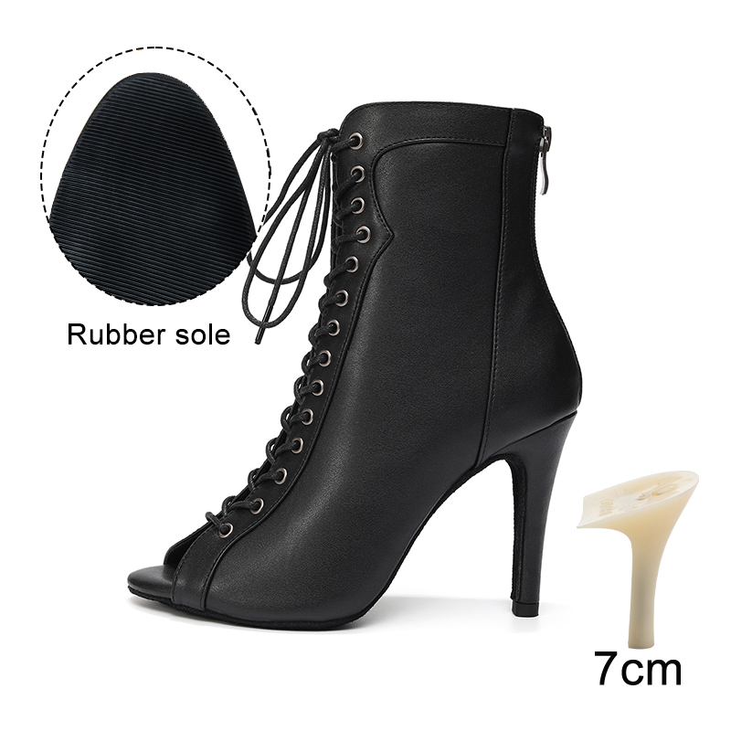 HROYL High Heel Dance Shoes Woman Beige Black Latin Dance Booties Women Open Toe Lace Up Stiletto Boots for Girls Suede Sole