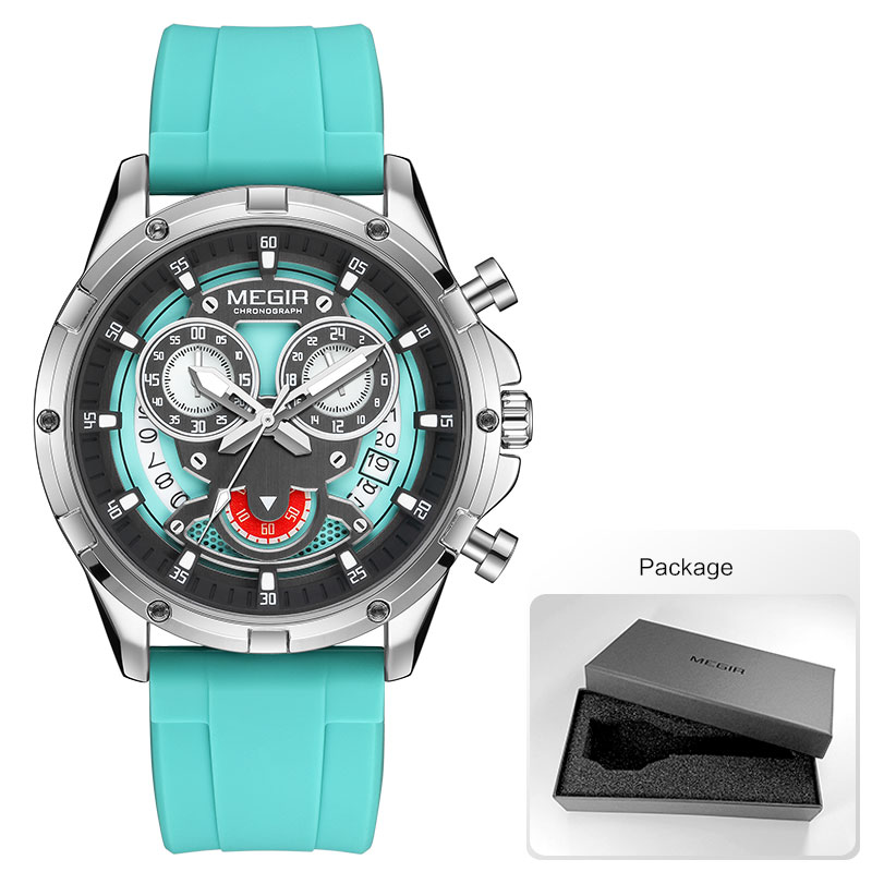 MEGIR Men's Quartz Watch with White Silicone Strap Luminous Hands Fashion Sport Waterproof Chronograph Wristwatch with Calendar