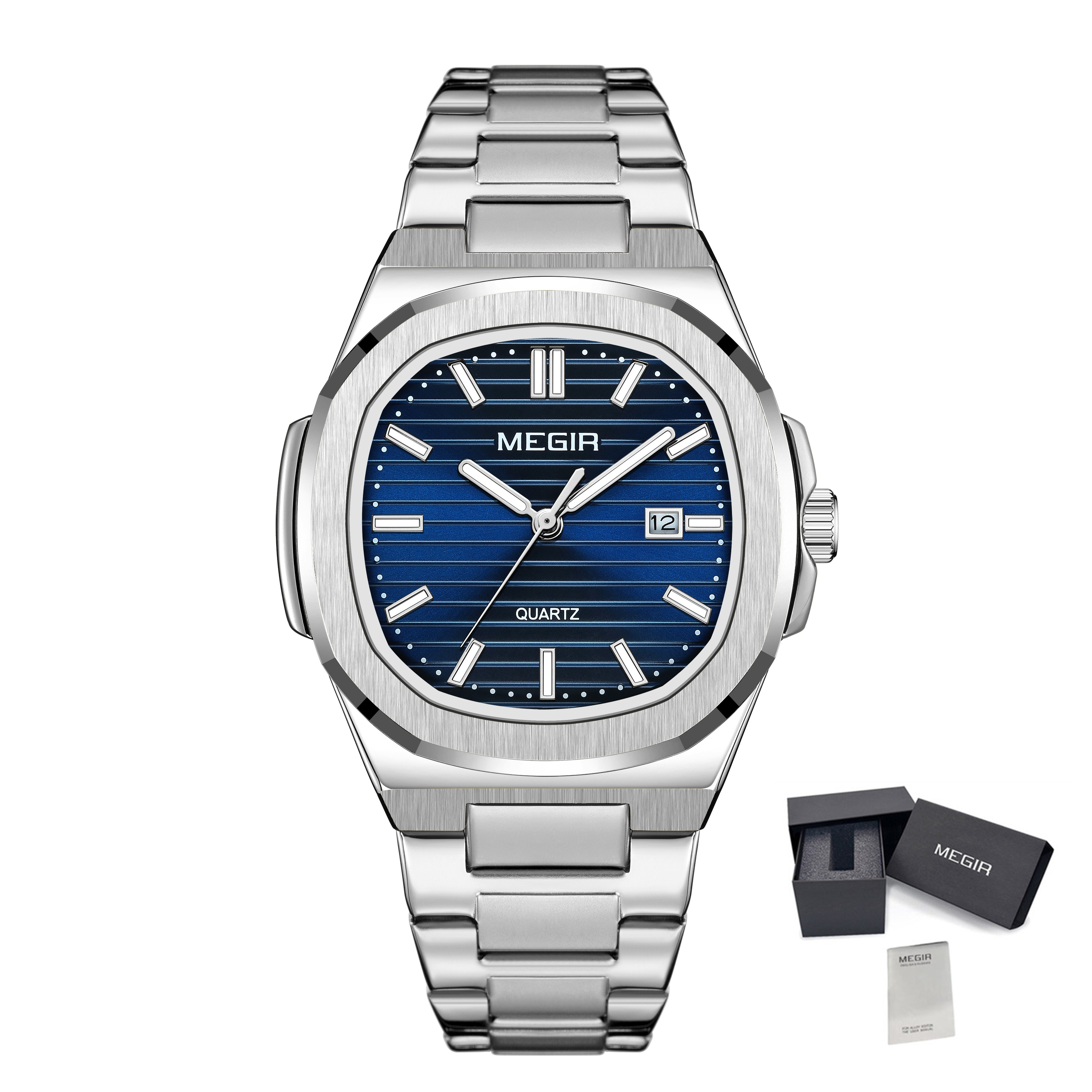 MEGIR Classic Stainless Steel Bracelet Quartz Watch for Men Waterproof Calendar Business Leisure Wristwatch Big Dial Clock 1084