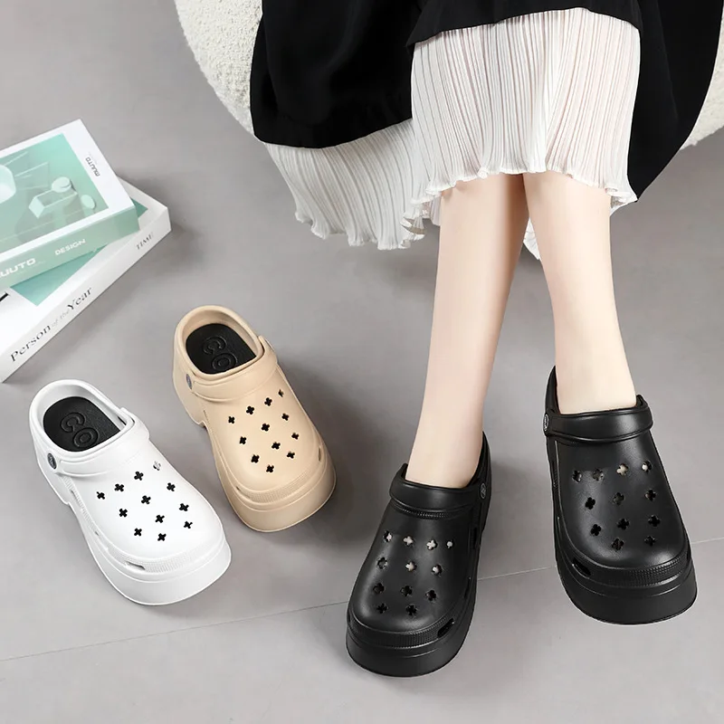 Women's 9CM Thick Sandals Shoes Summer Slippers High Heel Soft Sole Beach Garden Shoes Outdoor Waterproof Women's Hole Shoes