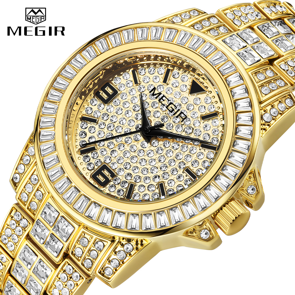 MEGIR Quartz Watch for Men Luxury Diamonds Golden Watch Man Waterproof Rhinestone Wrist Watch Business Men's Steel Band Watches