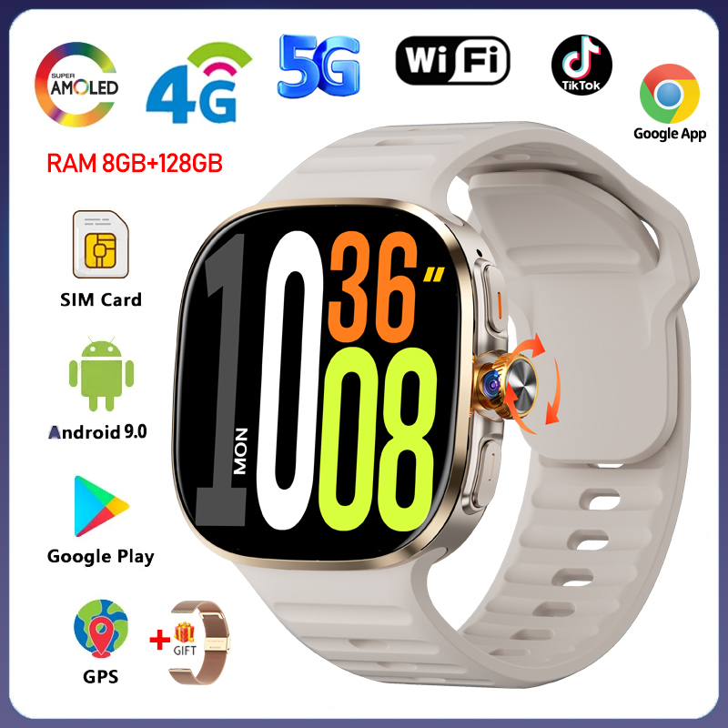5G/4G Android 9.0 Smart Watch 2.40 inch 720*720 AMOLED HD 900W Camera Call 8GB+128GB RAM 2100mAh GPS WIFI Google APPS Smartwatch