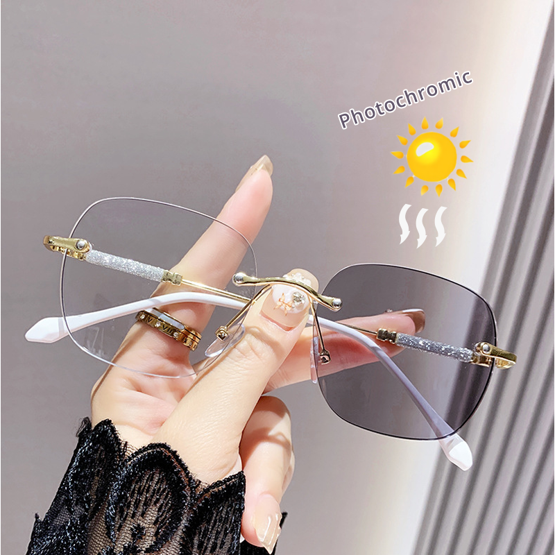 Women's Glasses Myopia Photochromic Sunglasses Rimless Prescription Glasses Graduated Optical Lenses Transparent Glasses Minus