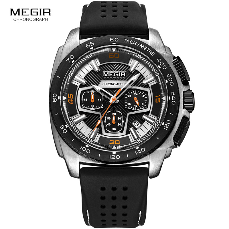 Megir Men's Army Sports Chronograph Quartz Watches Silicone Band 24 Hours Military Waterproof Wristwatch for Man 2056GS-BK-1