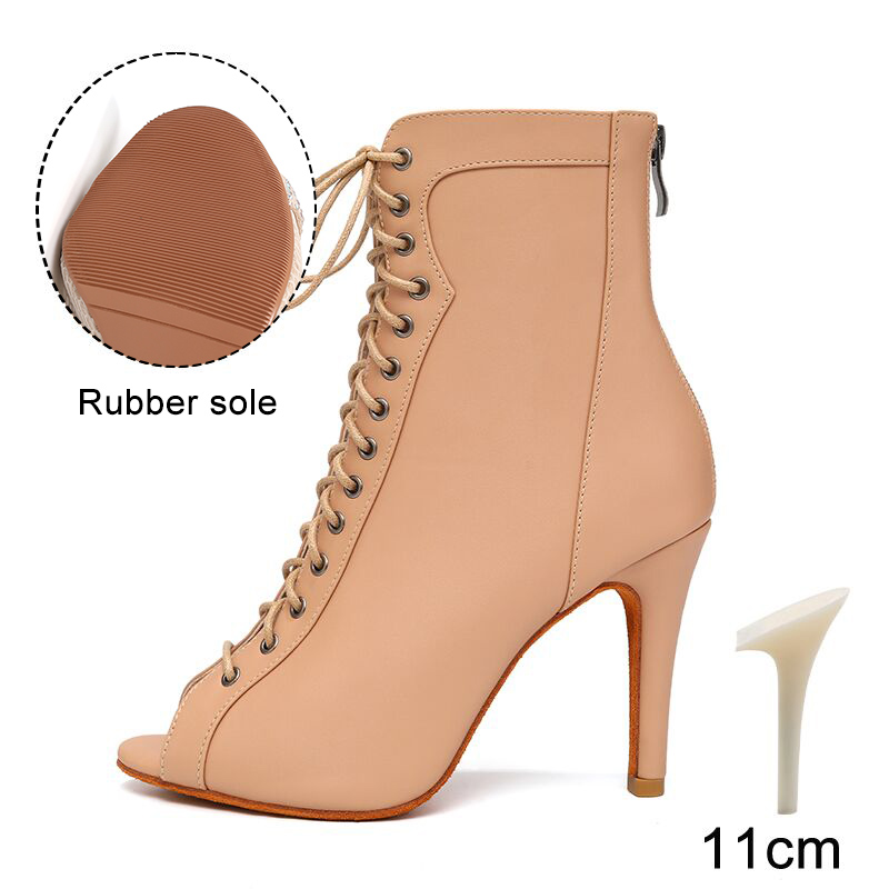 HROYL High Heel Dance Shoes Woman Beige Black Latin Dance Booties Women Open Toe Lace Up Stiletto Boots for Girls Suede Sole