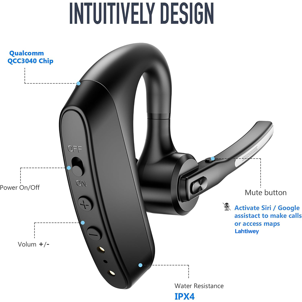 Bluetooth Headset, Wireless Earpiece with Charging Case, Bluetooth Headphones with Dual-Mic Noise Cancelling for Trucker Office