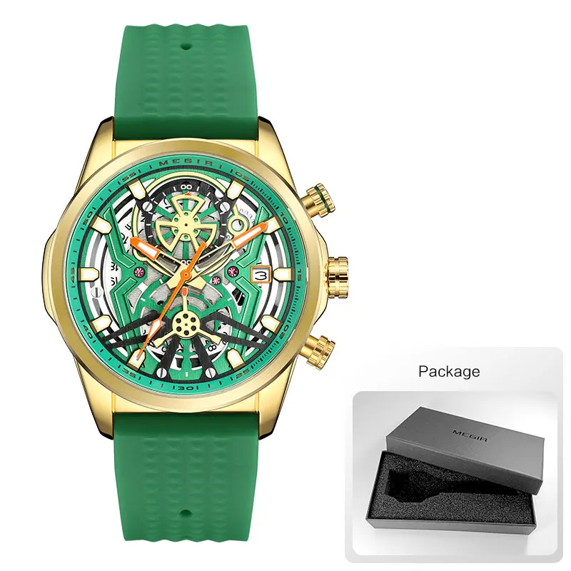 MEGIR Sport Quartz Watch Men Fashion Waterproof Chronograph Wristwatch with Date Olive Green Silicone Strap Luminous Hands 2235