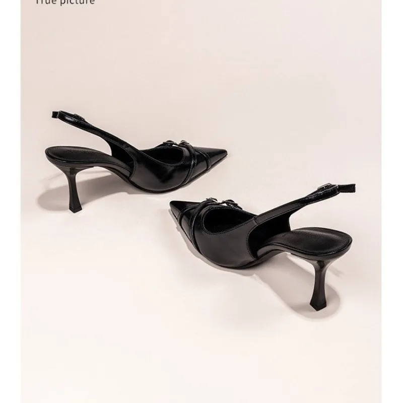 Fashionable Pointed Toe Shallow Mouth New High-heeled Shoes Summer Elegant Buckle Decorated Stiletto Black Women's Shoes NO:602