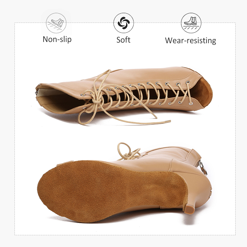 HROYL High Heel Dance Shoes Woman Beige Black Latin Dance Booties Women Open Toe Lace Up Stiletto Boots for Girls Suede Sole