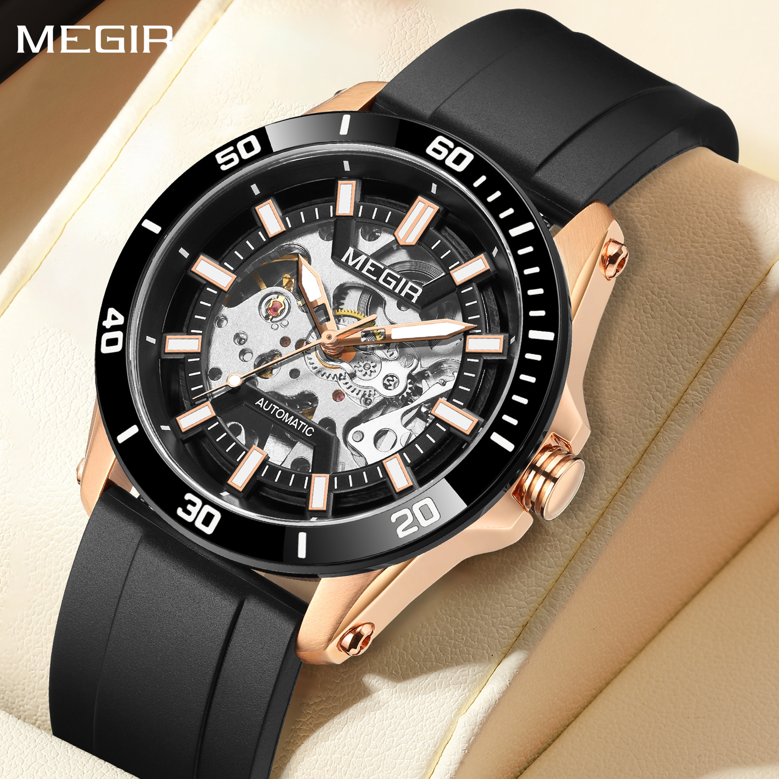 MEGIR Hollow Out Mechanical Watch for Men Fashion Stainless Steel Case Sapphire Full Automatic Wristwatches Montre Homme 8605