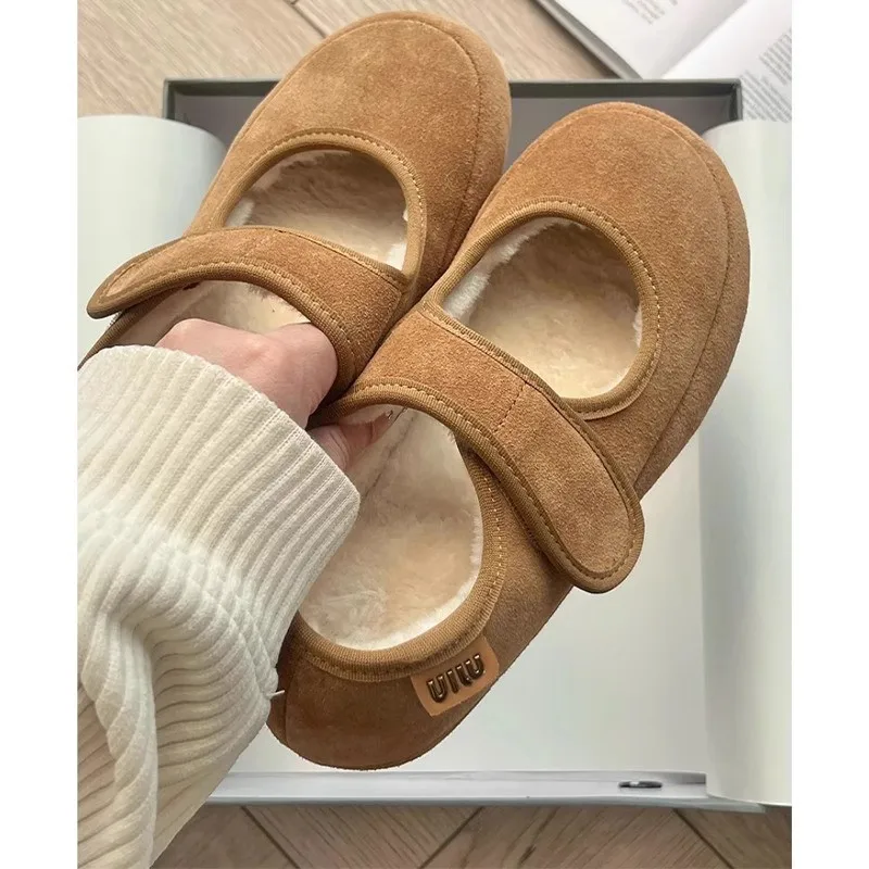 Thick Heel Mary Janes Women's Shoes Fleece Lined Casual Fur Slip-On Autumn Winter Rubber Sole round Toe Commuter Style Shoes