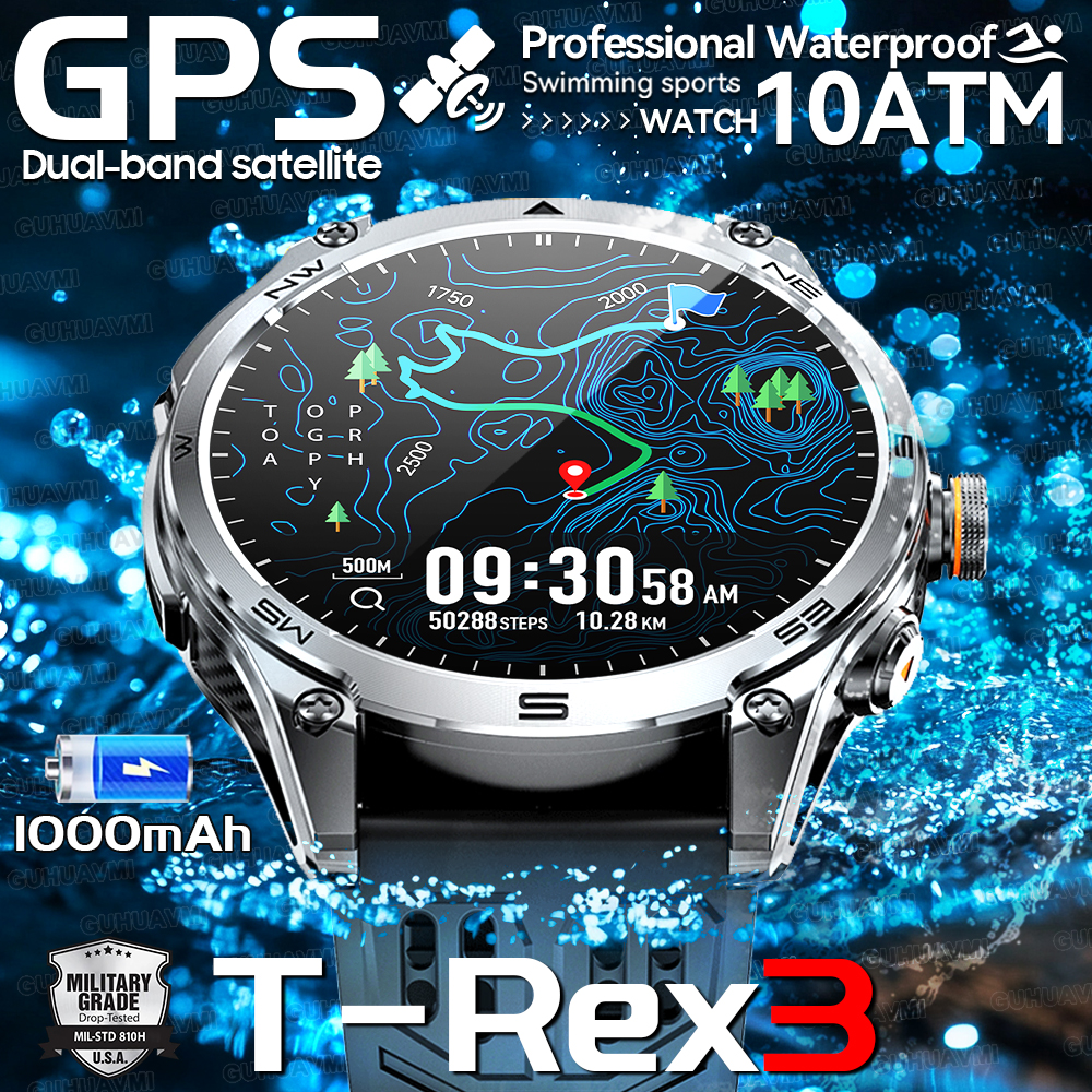 2025 New Outdoors Military T-Rex3 GPS SmartWatch 10ATM Waterproof Swim Watch Built in GPS Compass Voice Call Sports Bracelet Men