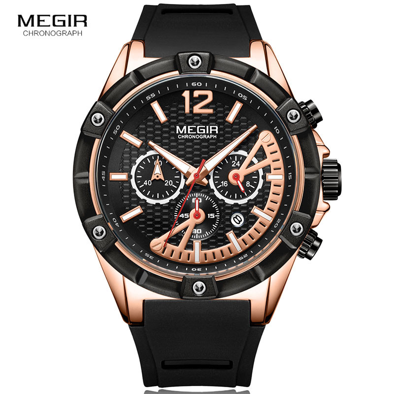 Megir Men's Rose Gold Chronograph Quartz Wrist Watches Waterproof Silicone Luminous Sports Relogios Masculinos Clock 2083-1N0