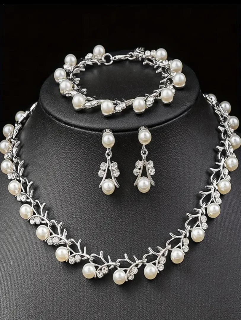 Rose Gold Pearl Jewelry Set - Elegant 3-Piece Necklace Bracelet Earrings with Rhinestone Crystals for Women Wedding Bridal Party