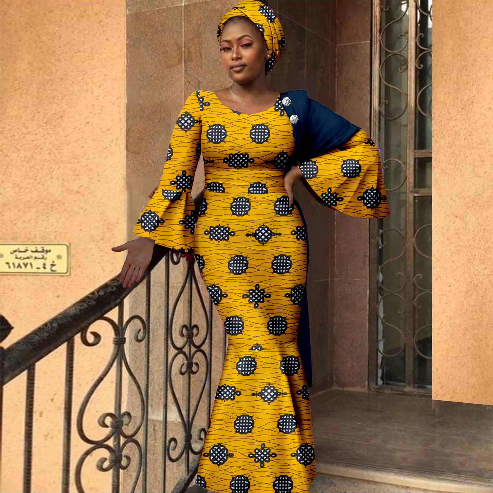 African Women Dresses Dashiki Ankara Print Slim Long Dress with Headwrap Bazin Riche Ladies Outftis Party Vestidos Y2225023