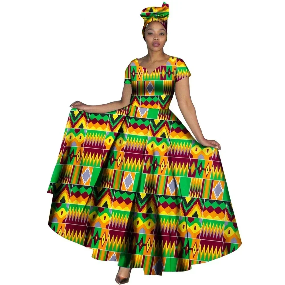 Fashion Women Clothes African Dresses Ankara Print V-neck Maix Long Dresses with Head Scarf Dashiki Women Outfit WY749
