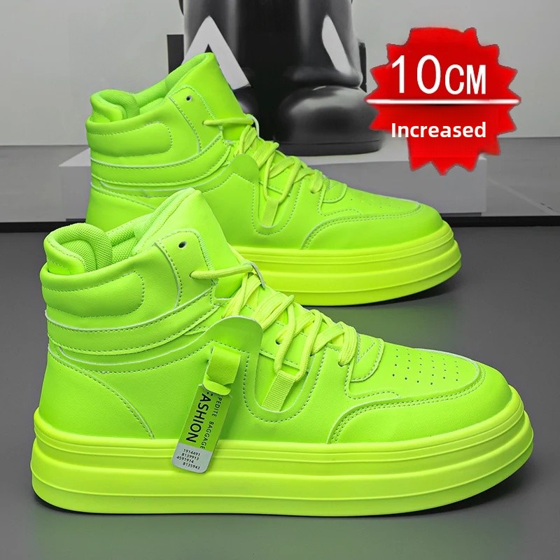 New Autumn/Winter Men's Casual Sneakers 12cm Increased Height 10cm Thick Sole White Shoes High Top Rubber Base Male Footwear