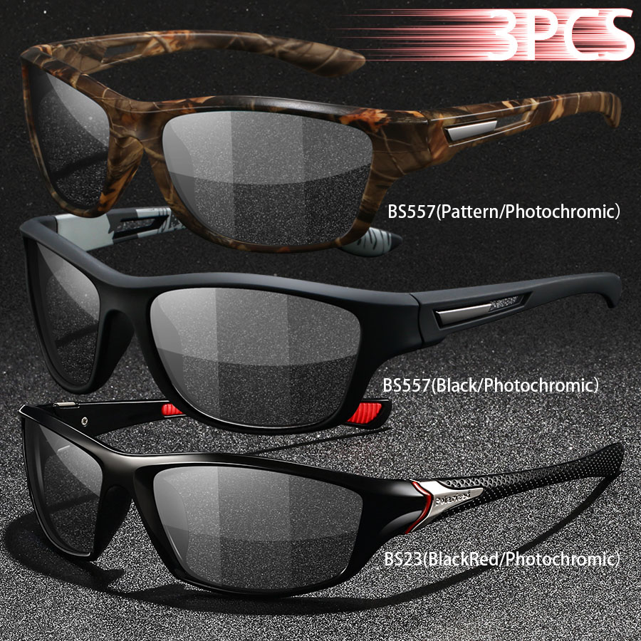3PCS Photochromic Polarized Sports Vintage Sunglasses Men Women Cycling Driving Mountaineering Chameleon Sun Glasses UV400Eyewer