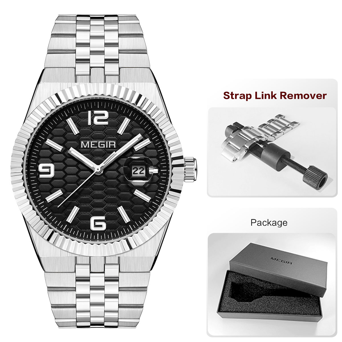 MEGIR Quartz Watch for Men Fashion Simple Business Style Analog Wristwatch with Stainless Steel Strap Date Luminous Hands
