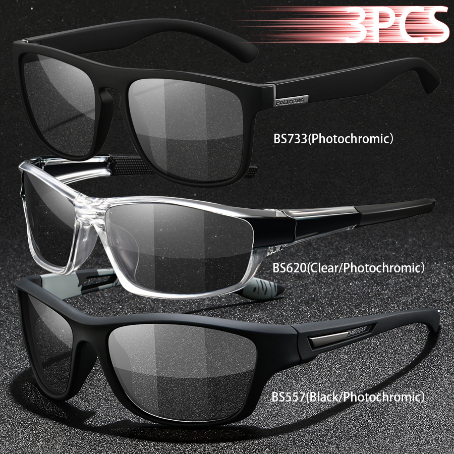 3PCS Photochromic Polarized Sports Vintage Sunglasses Men Women Cycling Driving Mountaineering Chameleon Sun Glasses UV400Eyewer