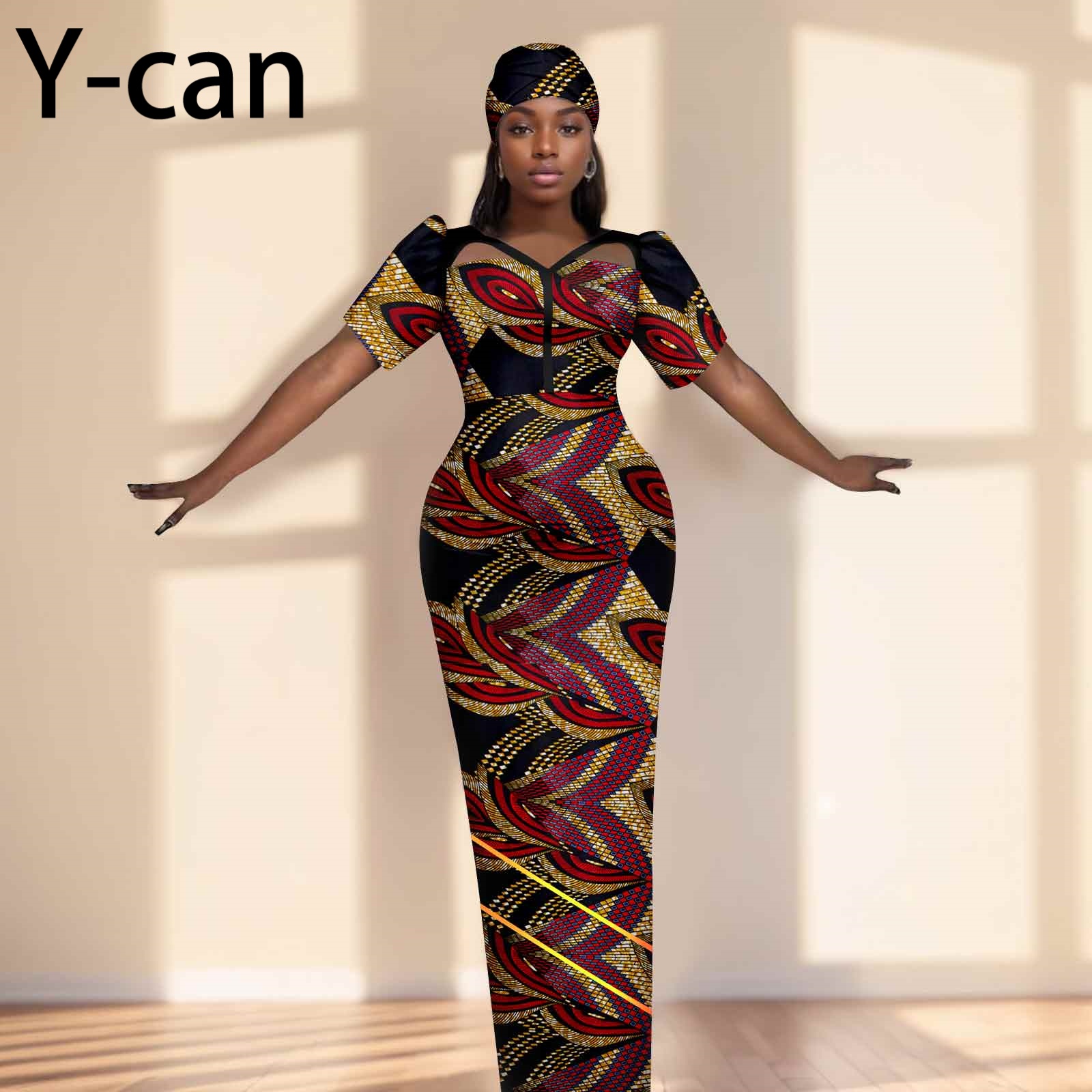 Party Gown African Dresses for Women Slim Fit Short Sleeve Dress Evening Vestidos with Headwrap Dashiki Ankara Print 2525071