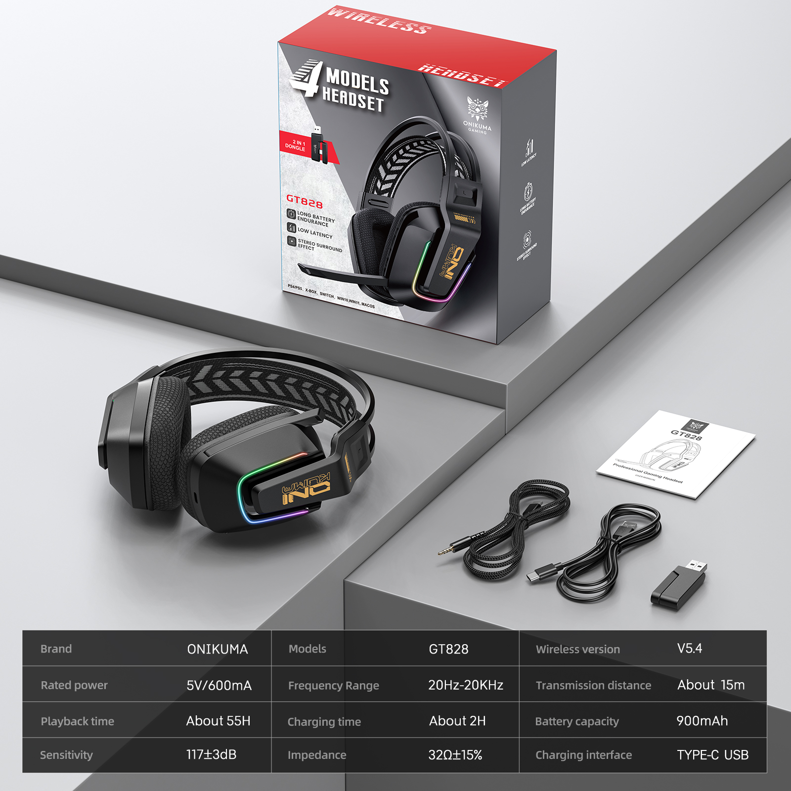 ONIKUMA GT828 Bluetooth Headset Four-mode Connection Over Ear HIFI Stereo Wireless Gaming Headsets with Mic for PC Laptops PS5
