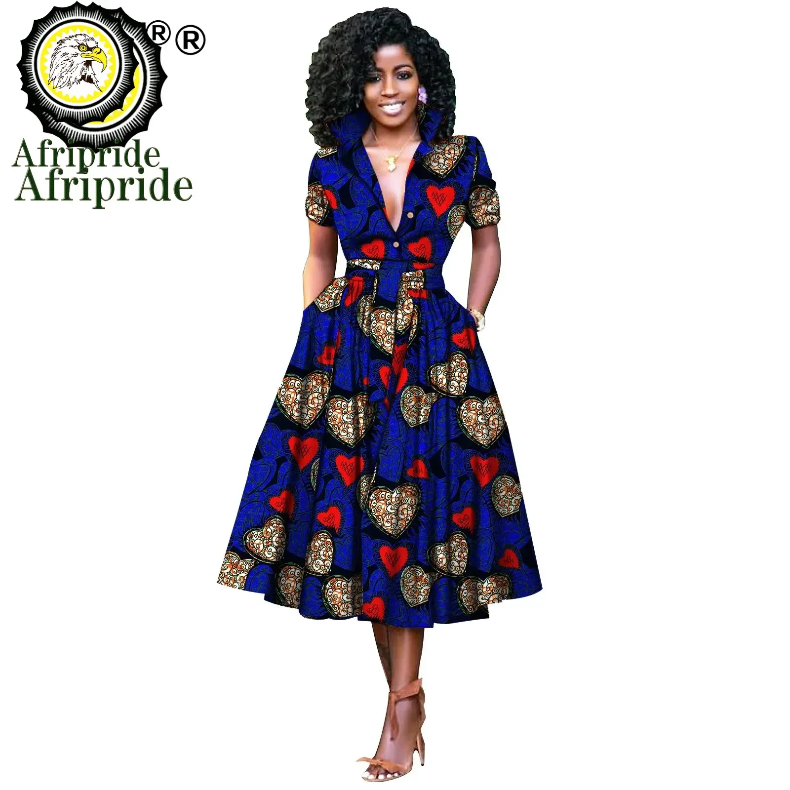 African Dresses for Women Short Sleeve V-neck High Waist Ankara Fabric Print Formal Dress Pure Cotton Bazin Riche Dress S2025072