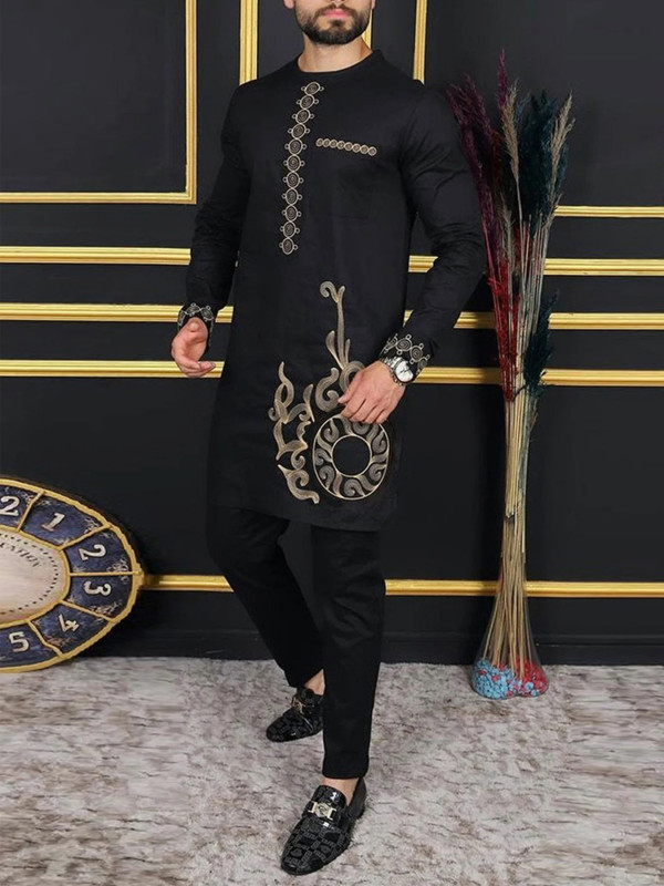 Kaftan African Men Black Traditional Clothing Nigerian Elegant Print Fabric Tops and Pants Trends Costumes Fashion Wear Suits