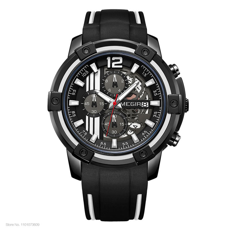 Megir Men's Sports Quartz Watches Army Military Chronograph Wristwatch for Man Luminous Relogios Masculino Clock  2097 Black Red