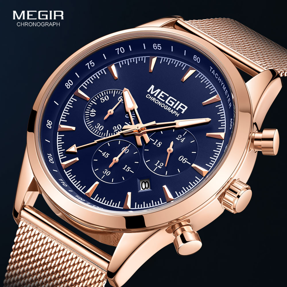 MEGIR 2020 Luxury Rose Gold Blue Watches Men Stainless Steel Mesh Strap Quartz Watch Man Waterproof Chronograph Sport Wristwatch