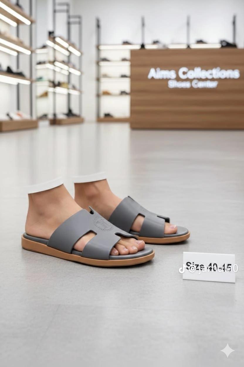 Chanel-Style Grey Leather Slide Sandals