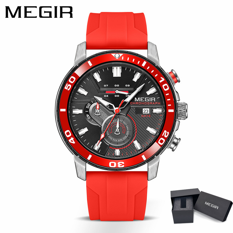 MEGIR 2224 Men Quartz Watch Sport Fashion Creative Cool Orange Silicone Strap Chronograph Luminous Date Wristwatch for Male