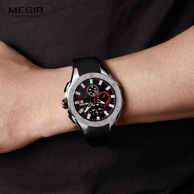 MEGIR Men's Sports Quartz Watches Fashion Silicone Strap Chronograph Wristwatch for Man Luminous Hands Waterproof 2053GBK