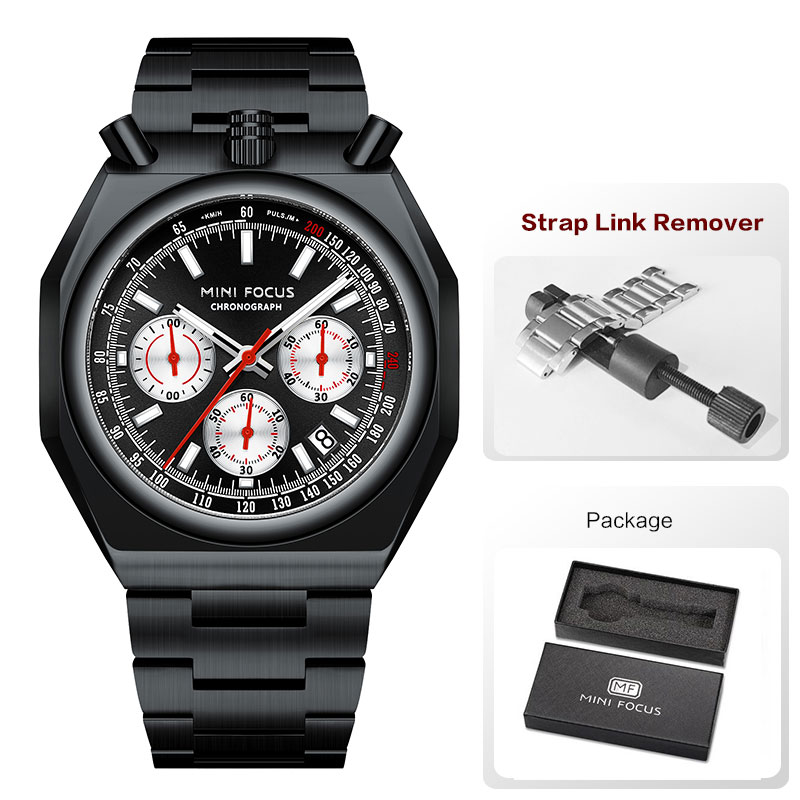 MINI FOCUS Chronograph Quartz Watch for Men Fashion Waterproof Luminous Wristwatch with Calendar Stainless Steel Strap 0601