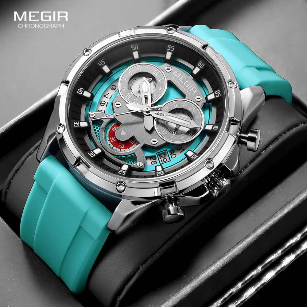 MEGIR Men's Quartz Watch with White Silicone Strap Luminous Hands Fashion Sport Waterproof Chronograph Wristwatch with Calendar