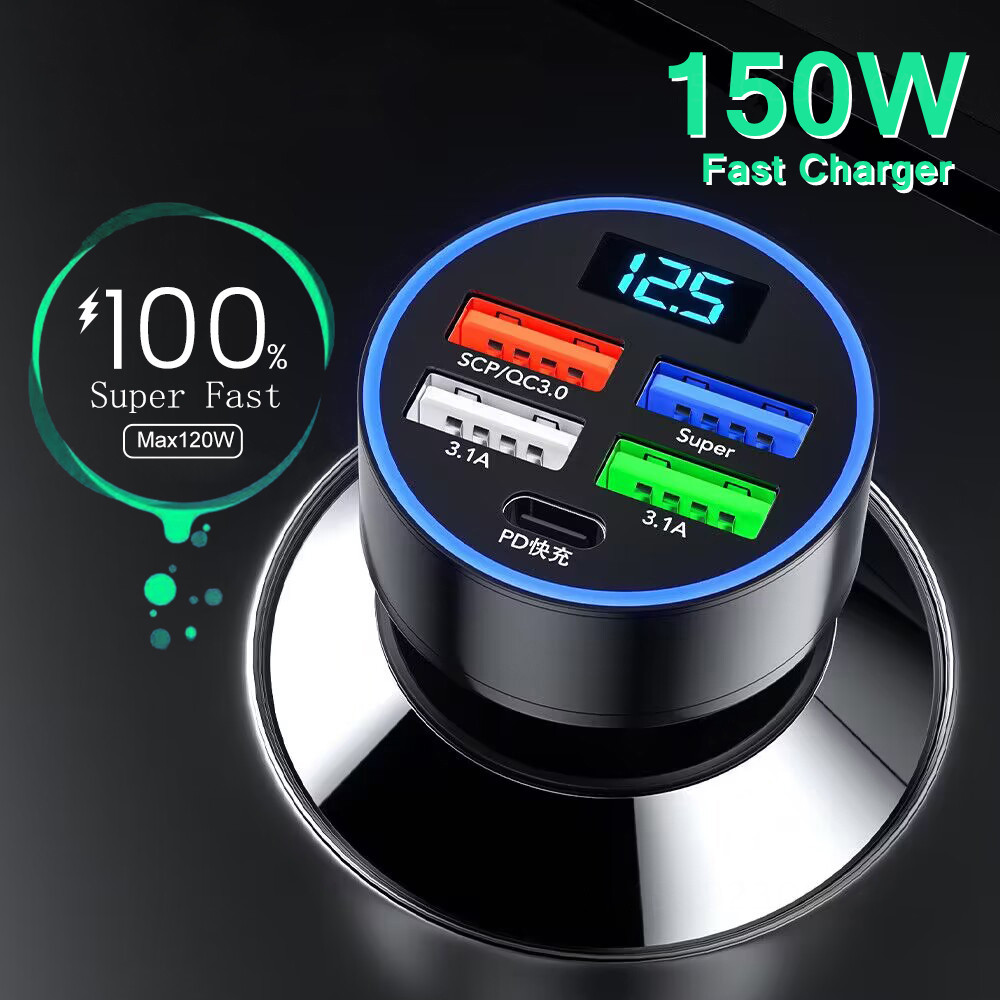 5 Ports 250W Car Charger Fast Charging New Digital Display QC3.0 PD USB Charger Type C Adapter In Car For iphone Samsung Xiaomi