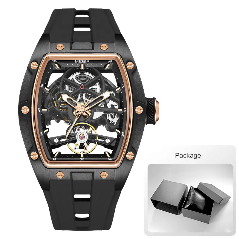 MEGIR Men's Automatic Mechanical Watch with Stainless Steel Case Silicone Band Skeleton Dial Waterproof Sport Wristwatch